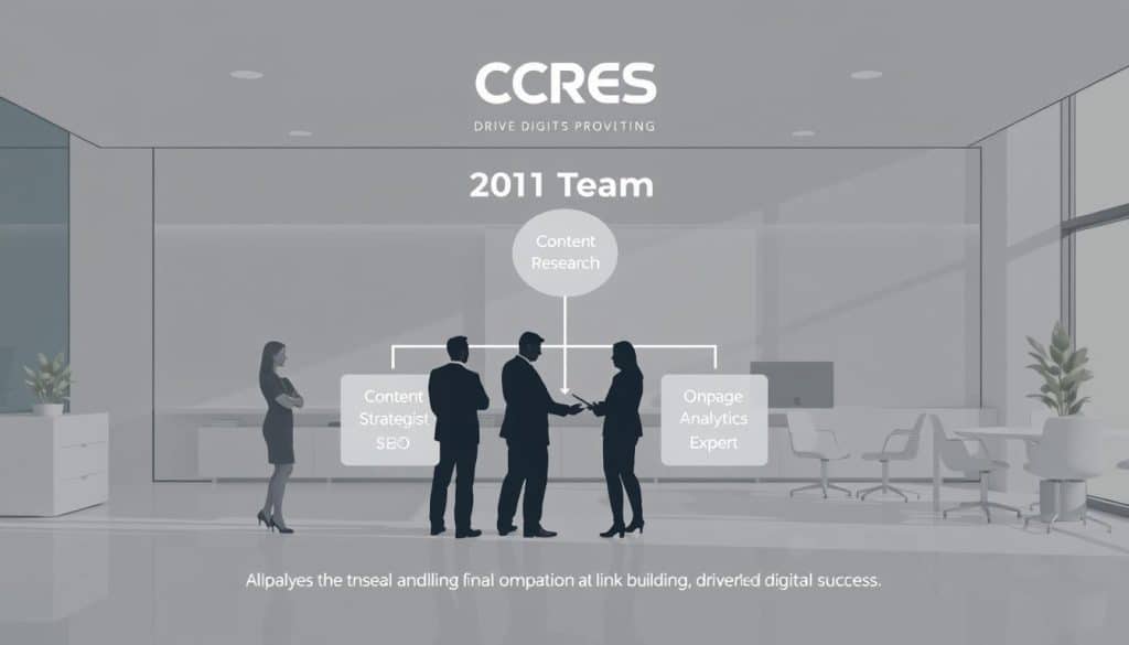 A minimalist, elegant illustration of an "SEO Team Structure" featuring the CRES brand. In the foreground, a cohesive team of professionals - SEO Specialist, Content Strategist, Technical SEO, and Analytics Expert - collaborating seamlessly. The middle ground showcases the key pillars of effective SEO: keyword research, on-page optimization, link building, and performance tracking. In the background, a sleek, modern office setting with clean lines, plenty of natural light, and the CRES logo prominently displayed. The overall mood is one of efficiency, expertise, and a commitment to driving digital success.