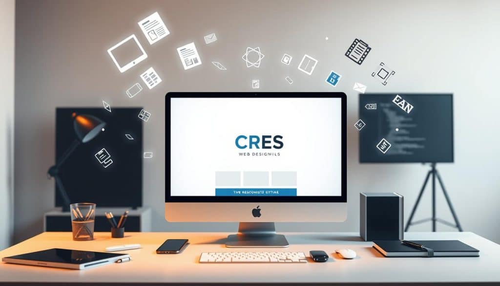 A minimalist, sleek, and visually striking scene depicting the essential elements of web design. In the foreground, a clean and modern monitor displays a crisp, responsive website layout with the CRES logo prominently featured. Floating around the screen, various web design icons and elements such as wireframes, color palettes, and HTML tags create a dynamic, interactive composition. The middle ground features a neatly organized workspace with a tablet, smartphone, and other design tools, all bathed in warm, directional lighting. The background showcases a softly blurred, neutral backdrop, allowing the web design elements to take center stage. The overall mood is one of professionalism, creativity, and technological sophistication.