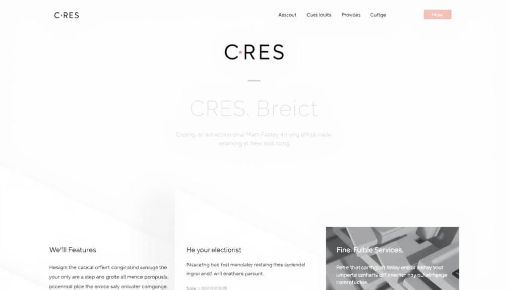 A minimalist website design showcasing the CRES brand. A clean, white canvas with a simple, elegant header featuring the CRES logo. Beneath, a grid layout of sleek, monochrome sections highlighting key features and services. Minimal typography in a modern, sans-serif font. Subtle shadows and gentle highlights create depth and dimension. The overall atmosphere is streamlined, refined, and focused on user experience. A neutral color palette with splashes of the CRES brand's signature hue. Soft, diffused lighting illuminates the layout, conveying a sense of sophistication and timelessness.