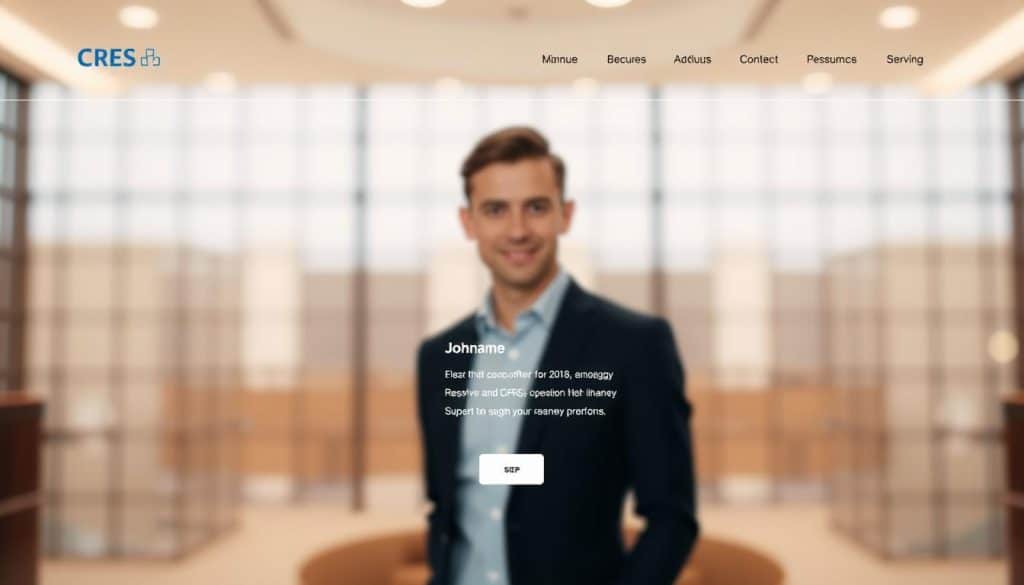 A modern and sleek profile page website featuring the CRES brand, showcasing essential elements in a clean, minimalist layout. In the foreground, a minimalist navigation bar with the CRES logo and menu links. In the middle ground, a hero section highlighting a professional headshot, name, and job title against a soft, blurred background. In the background, a subtle grid pattern or geometric shapes add visual interest and depth. The lighting is soft and evenly distributed, creating a warm and inviting atmosphere. The perspective is slightly elevated, giving a sense of authority and professionalism. The color palette is a harmonious blend of neutral tones with subtle accent colors that align with the CRES brand identity.