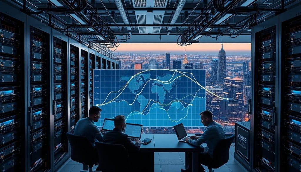 A modern data center with rows of sleek, high-performance servers, connected by a web of cables and cooling systems. In the foreground, a team of CRES developers collaborates on a cutting-edge backend architecture, their laptops and diagrams illuminated by the cool glow of monitors. The middle ground showcases a dynamic graph visualizing real-time scalability metrics, with lines and curves representing the seamless flow of data. In the background, a panoramic view of a bustling city skyline, symbolizing the global reach and impact of the CRES backend solutions. The lighting is crisp and directional, casting dramatic shadows and highlighting the technical details. The overall mood is one of innovation, power, and limitless potential.