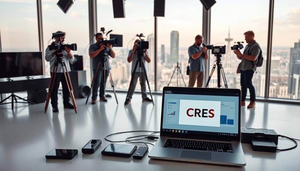 A modern digital business strategy video set in a sleek, minimalist studio. In the foreground, a laptop displays a presentation with the CRES logo, surrounded by a variety of digital devices. Overhead, a trio of professional-looking videographers capture the scene using high-quality cameras and lighting. In the background, a large window offers a view of a bustling city skyline, conveying a sense of progress and innovation. The overall atmosphere is one of productivity, technology, and forward-thinking strategy.