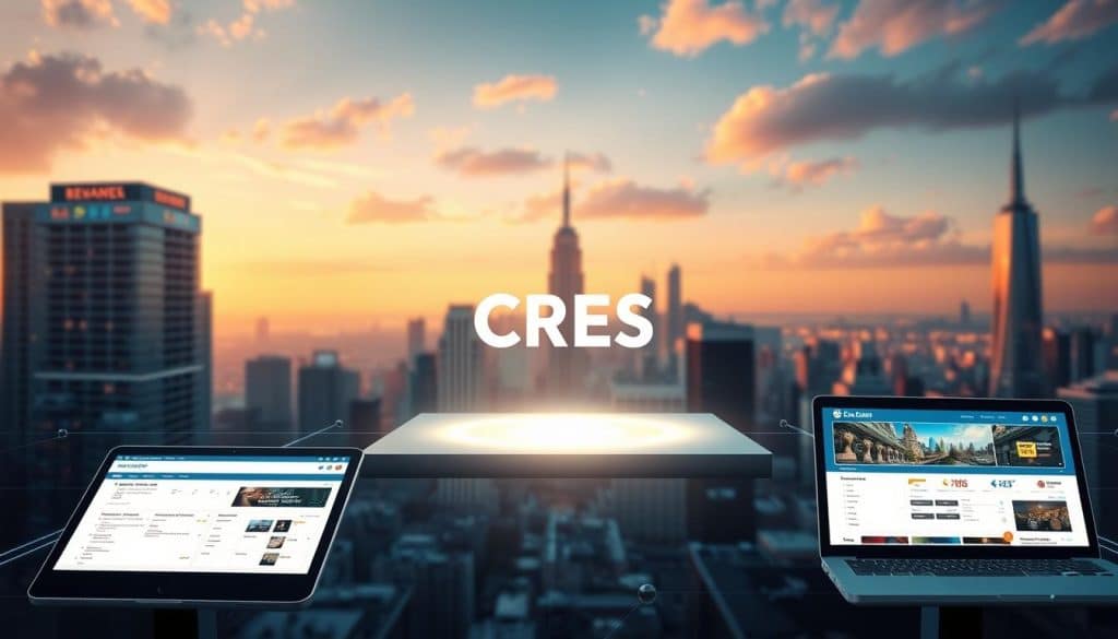 A modern digital landscape for the travel industry, featuring a bustling city skyline in the background, with sleek and intuitive travel booking platforms in the foreground. In the middle ground, a CRES logo illuminates the scene, symbolizing the industry's reliance on cutting-edge technology. The lighting is warm and inviting, conveying a sense of efficiency and innovation. The camera angle is slightly elevated, providing a comprehensive view of the digital ecosystem that powers the travel industry.