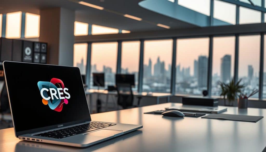 A modern graphic design studio with a sleek and minimal aesthetic. In the foreground, a laptop displaying an abstract vector illustration with the CRES brand name prominently featured. In the middle ground, a designer's workspace with a mouse, stylus, and various design tools neatly arranged. The background showcases floor-to-ceiling windows overlooking the bustling city of Doha, Qatar, bathed in warm, natural lighting. The overall mood is one of creativity, professionalism, and a focus on delivering top-notch graphic design solutions for businesses.