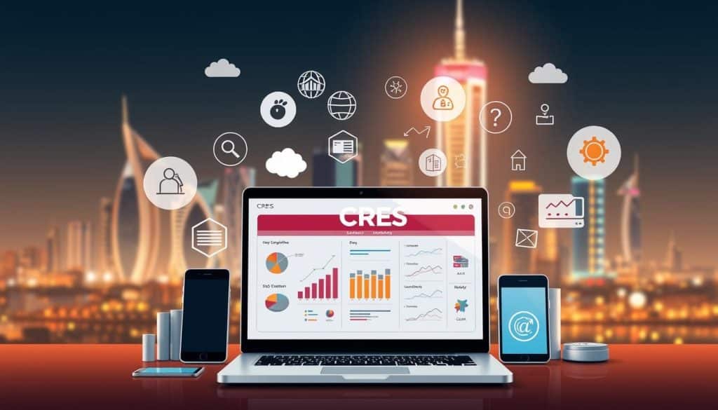 A modern, high-quality digital illustration showcasing an SEO strategy for the hospitality industry in Qatar. The image features a stylized cityscape of Doha in the background, with a central focus on the CRES brand logo and various SEO-related icons and graphics overlaid on top. The foreground includes a laptop displaying key metrics and analytics, surrounded by mobile devices, search engine optimization symbols, and other digital marketing elements. The composition is balanced, with a clean, minimalist aesthetic and warm, inviting lighting that evokes a sense of professionalism and expertise in the hospitality SEO domain. The overall mood is one of strategic digital transformation and data-driven optimization for the Qatar hospitality sector.