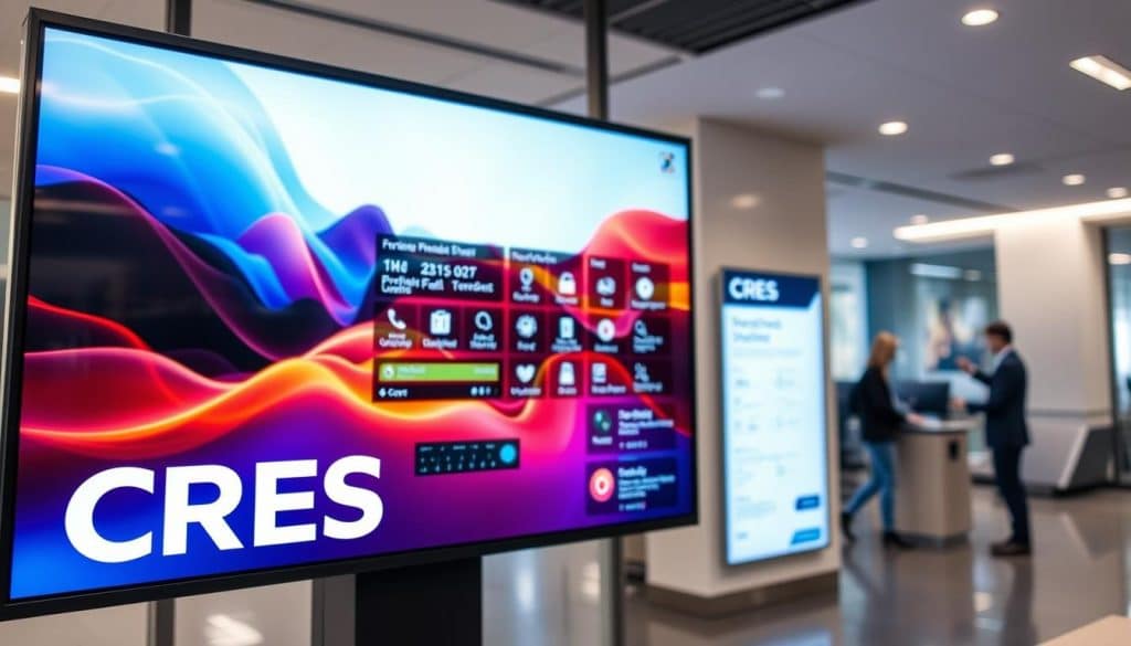 A modern, immersive digital signage display featuring sleek CRES branding in the foreground. The display showcases a dynamic, high-resolution screen with vibrant colors and sharp, eye-catching visuals. In the middle ground, various interactive controls and menu options are presented, hinting at the platform's versatility and user-friendly interface. The background depicts a professional, sophisticated office or corporate environment, emphasizing the enterprise-level solutions offered by CRES. The lighting is clean and balanced, creating a sophisticated, high-tech ambiance. The camera angle is slightly elevated, providing a comprehensive view of the digital signage setup.