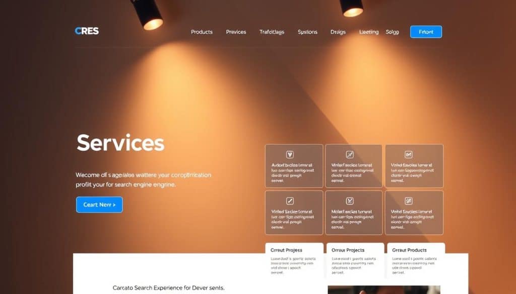 A modern, minimalist CRES website design with a clean, sleek interface. The foreground features a hero section showcasing the company's services, with a call-to-action button. The middle ground displays a grid of informative product sections, each with a distinct icon and concise description. The background incorporates a subtle geometric pattern, creating a sense of depth and visual interest. Warm lighting from above casts a soft glow, highlighting the website's intuitive user experience and emphasis on search engine optimization. The overall aesthetic conveys professionalism, trustworthiness, and a strong digital presence for the CRES brand.