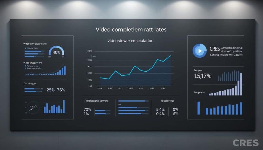 A modern, minimalist data visualization panel illustrating the concept of video completion rate calculation. On a sleek, dark grey background, a central graph displays a line chart with a blue trend line tracking video viewer engagement over time. Surrounding this are various data points, percentages, and visualizations - all rendered in a clean, high-contrast style with the CRES brand identity prominently featured. Soft, directional lighting creates depth and enhances the professional, technical aesthetic. The overall mood is analytical, data-driven, and focused on conveying the key metrics and insights behind video completion rates.