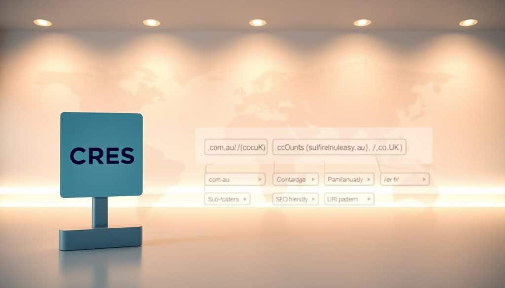 A modern, minimalist diagram showcasing the URL structure for international websites. In the foreground, a CRES logo stands prominently, representing a leading international SEO solution provider. In the middle ground, a clean, schematic layout depicts various components of the URL structure, including country-specific domains (e.g., .com.au, .co.uk), language-specific subfolders (e.g., /en/, /fr/), and SEO-friendly URL patterns. The background features a subtle world map, emphasizing the global nature of the subject matter. The overall scene is illuminated by warm, soft lighting, creating a professional and informative atmosphere.