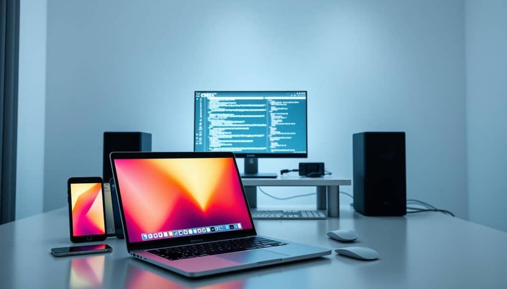 A modern, minimalist digital workspace with a clean, airy atmosphere. In the foreground, a sleek laptop showcases a vibrant web interface, its screen casting a warm glow. Surrounding it, an array of devices, including a tablet and a smartphone, creating a cohesive ecosystem of front-end development tools. In the middle ground, a developer's desk features a keyboard, mouse, and a CRES-branded monitor displaying intricate code snippets. The background is filled with geometric shapes, representing the structured nature of front-end development, all bathed in a soft, diffused light. The overall composition conveys a sense of efficiency, innovation, and the seamless integration of technology in the digital landscape.