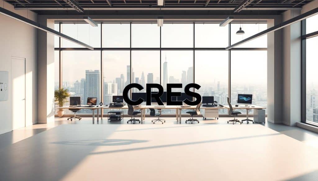 A modern, minimalist graphic design studio with clean lines and geometric shapes. In the foreground, the CRES logo hovers in the air, its bold typography casting a soft shadow on the smooth, matte surface below. The middle ground features an array of digital design tools and software, arranged in a visually appealing, symmetrical layout. In the background, a floor-to-ceiling window offers a panoramic view of a bustling city skyline, bathed in warm, natural lighting that creates a sense of openness and creativity. The overall atmosphere is one of professionalism, innovation, and a dedication to the craft of graphic design.