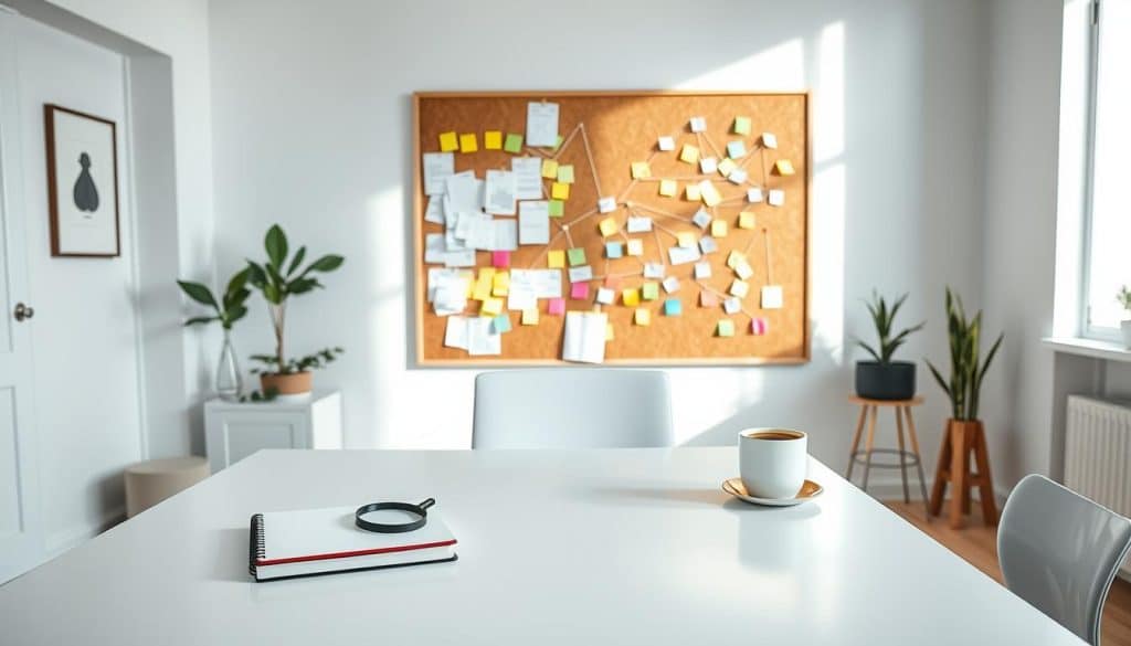 A modern, minimalist home office setting with an airy, well-lit atmosphere. In the foreground, a sleek, white desk with a laptop, a CRES logo-branded notebook, and a cup of coffee. Atop the desk, a magnifying glass and a collection of colorful sticky notes, signifying the process of keyword research. In the middle ground, a large corkboard adorned with printouts, sticky notes, and string, creating a visual map of interconnected keywords. The background features a large window with natural light streaming in, complemented by clean white walls and minimal decor, emphasizing the focus on the research process.