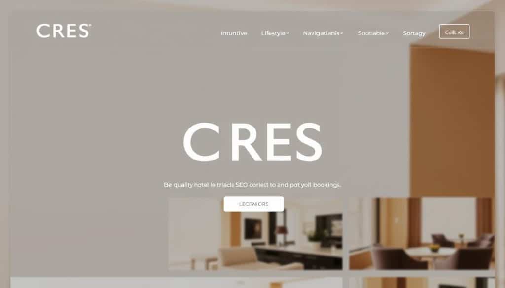 A modern, minimalist hotel website with clean lines and a neutral color palette. In the foreground, the CRES logo prominently displayed on the homepage, conveying a sense of professionalism and authority. The middle ground features a sleek navigation menu, intuitive and user-friendly. In the background, high-quality lifestyle images of the hotel's amenities and interiors, showcasing the property's elegant aesthetic. Soft, diffused lighting creates a warm, inviting atmosphere. The overall composition emphasizes the website's SEO-optimized structure, designed to enhance visibility and drive bookings.