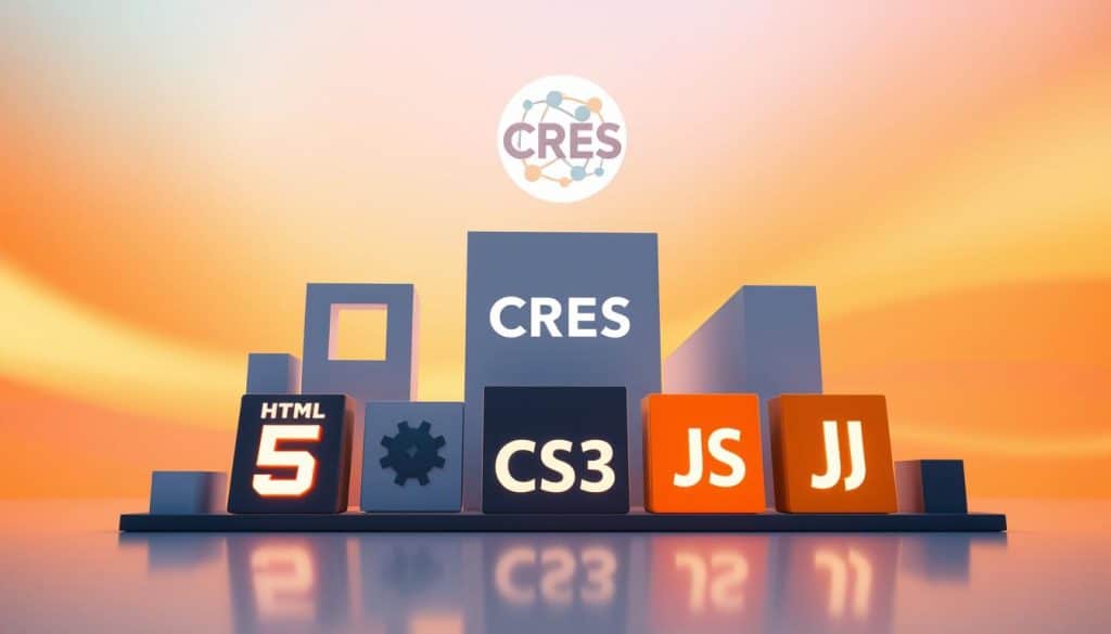 A modern, minimalist illustration showcasing the core technologies of front-end development. In the foreground, a stylized CRES logo hovers over a sleek arrangement of HTML5, CSS3, and JavaScript symbols, their icons glowing with a soft, warm light. The middle ground features clean, geometric shapes and patterns, hinting at the structure and interactivity of web development. In the background, a vibrant gradient swirls, creating a sense of depth and dynamism. The scene is captured with a wide-angle lens, emphasizing the interconnected nature of these essential front-end tools. A modern, minimalist illustration showcasing the core technologies of front-end development. In the foreground, a stylized CRES logo hovers over a sleek arrangement of HTML5, CSS3, and JavaScript symbols, their icons glowing with a soft, warm light. The middle ground features clean, geometric shapes and patterns, hinting at the structure and interactivity of web development. In the background, a vibrant gradient swirls, creating a sense of depth and dynamism. The scene is captured with a wide-angle lens, emphasizing the interconnected nature of these essential front-end tools.