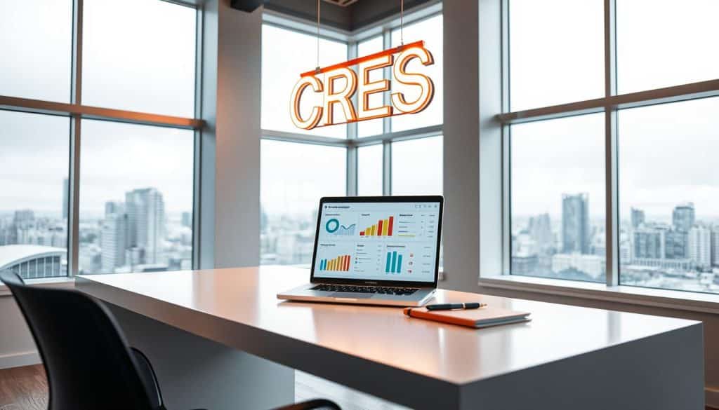 A modern, minimalist office space with a large, light-filled window overlooking a cityscape. On a sleek white desk, a laptop displays a colorful dashboard of online marketing metrics and KPIs. Beside it, a notebook and pen, symbolizing the process of goal-setting. Suspended above, a neon sign reading "CRES" casts a warm glow across the scene. The atmosphere is focused, productive, and aspirational, reflecting the energy of a business owner diligently planning their online marketing strategy.