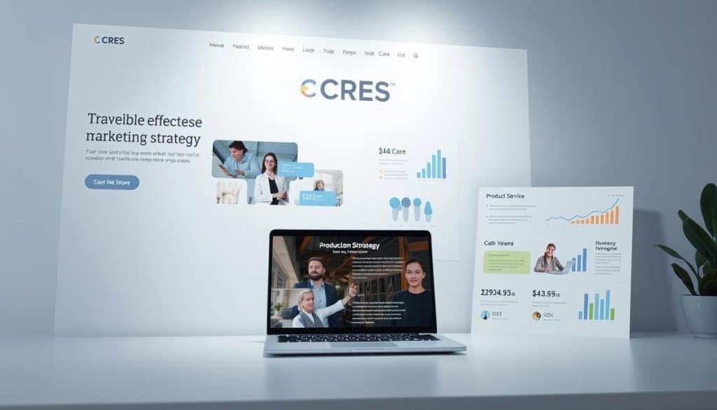 A modern, minimalist web design showcasing the key elements of an effective marketing strategy. In the foreground, a clean, responsive website layout with balanced typography, vivid imagery, and intuitive navigation. In the middle ground, UI components like calls-to-action, customer testimonials, and product/service highlights. In the background, a subtle CRES brand logo, along with data visualizations and infographics demonstrating the strategy's measurable impact. Lighting is soft and diffused, with a slightly cool color palette evoking a professional, trustworthy atmosphere. The overall composition conveys a cohesive, high-converting web presence that effectively markets the client's offerings.