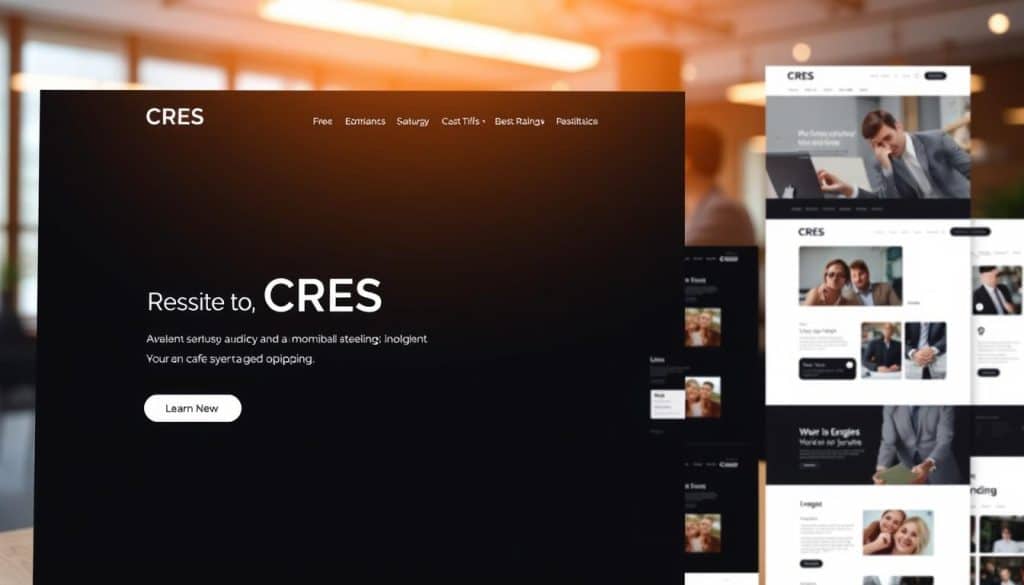 A modern, minimalist website design showcasing the brand identity of CRES. A sleek and sophisticated landing page in the foreground, featuring clean typography, a bold logo, and subtle animations. The middle ground highlights various web pages and UI elements, demonstrating the cohesive visual style. In the background, a blurred snapshot of a professional office space, conveying a sense of professionalism and expertise. Warm, directional lighting accentuates the design elements, creating depth and a premium aesthetic. The overall composition reflects a strong, memorable brand identity through thoughtful website design.