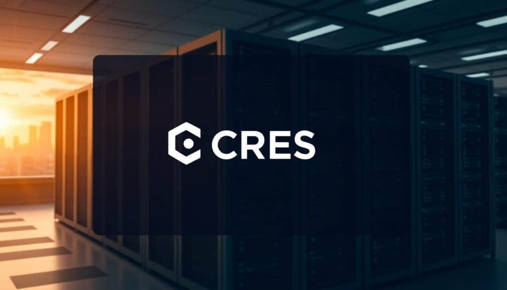 A modern, minimalist website hosting interface displaying the CRES brand logo. In the foreground, a clean, responsive web design with intuitive navigation and sleek user controls. In the middle ground, server racks and data center infrastructure conveying the robust hosting capabilities. In the background, a cityscape skyline with a sunset glow, suggesting the global reach and reliability of the CRES platform. The lighting is warm and inviting, with a slight lens flare effect for a professional, high-tech aesthetic. The overall mood is one of efficient, cutting-edge website building and hosting solutions.