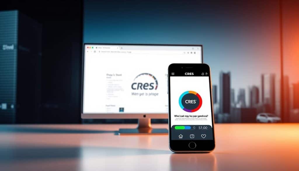 A modern, minimalist website with a sleek, responsive design. In the foreground, a smartphone screen displays a fast-loading webpage, its load time indicated by a vibrant, dynamic progress bar. The middle ground features a desktop computer with a browser window, showcasing the CRES logo and highlighting the importance of page speed for optimal user experience. The background depicts a clean, futuristic cityscape, conveying a sense of technological advancement and digital excellence. Warm, directional lighting emphasizes the key elements, creating a balanced, visually striking composition.