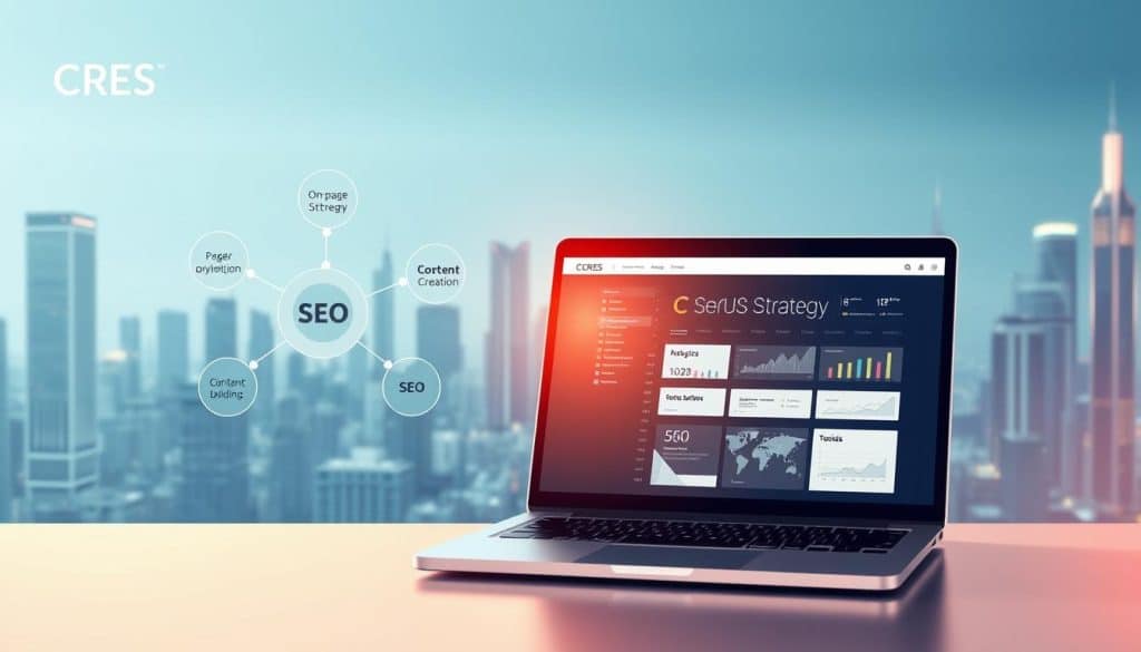 A modern, minimalistic illustration of an SEO strategy, featuring the CRES brand. In the foreground, a clean, geometric diagram with interconnected elements representing different SEO tactics - on-page optimization, link building, content creation, and technical SEO. The middle ground showcases a laptop displaying analytics and performance metrics, bathed in a warm, directional lighting. In the background, a sleek, futuristic cityscape with skyscrapers and technological infrastructure, conveying the digital, data-driven nature of modern SEO. The overall atmosphere is one of efficiency, innovation, and strategic focus, reflecting the challenges and opportunities of addressing common SEO objections for tech startups. A modern, minimalistic illustration of an SEO strategy, featuring the CRES brand. In the foreground, a clean, geometric diagram with interconnected elements representing different SEO tactics - on-page optimization, link building, content creation, and technical SEO. The middle ground showcases a laptop displaying analytics and performance metrics, bathed in a warm, directional lighting. In the background, a sleek, futuristic cityscape with skyscrapers and technological infrastructure, conveying the digital, data-driven nature of modern SEO. The overall atmosphere is one of efficiency, innovation, and strategic focus, reflecting the challenges and opportunities of addressing common SEO objections for tech startups.