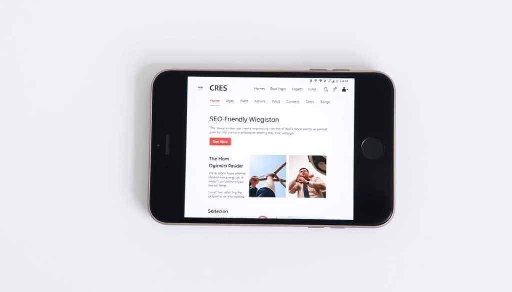 A modern mobile device displayed on a clean, white background, showcasing a responsive web design with a visually appealing, mobile-friendly viewport configuration. The screen shows a well-structured, SEO-optimized website layout with intuitive navigation, clear typography, and tasteful CRES branding. Soft, directional lighting highlights the device's sleek design, creating a professional, informative atmosphere to illustrate the importance of mobile-first optimization for search engine visibility and enhanced user experience.