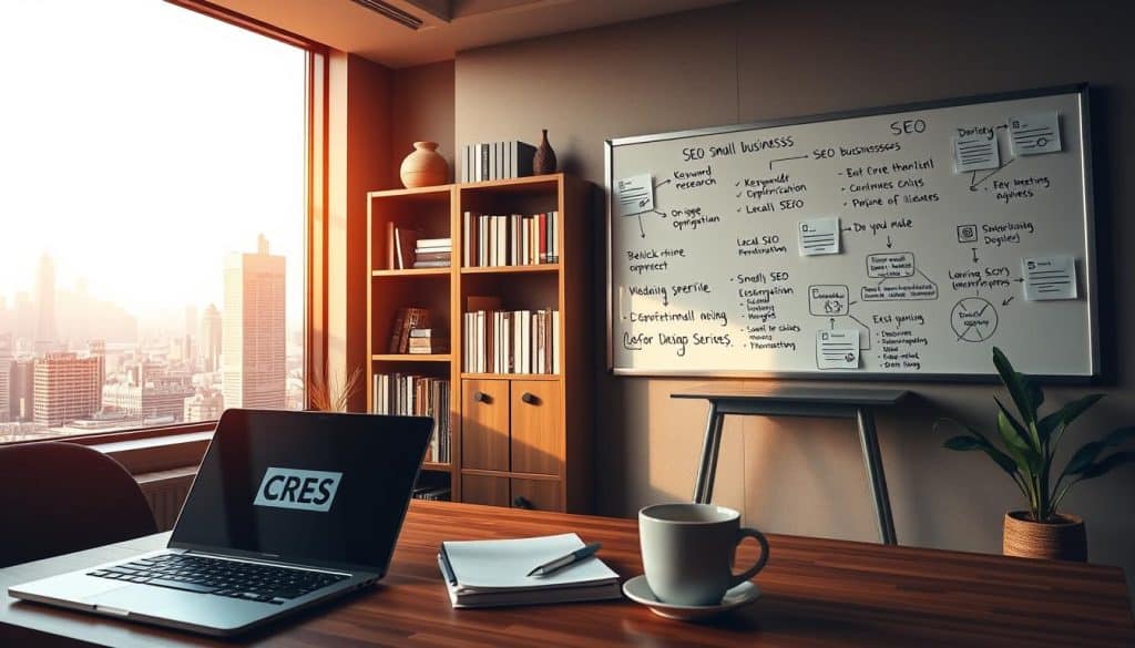 A modern office setting with a cozy, inviting atmosphere. In the foreground, a desk with a laptop, a CRES branded notepad, and a cup of coffee. On the wall, a whiteboard with hand-drawn diagrams and bullet points illustrating key SEO concepts for small businesses, such as keyword research, on-page optimization, and local SEO. The middle ground features a bookshelf with relevant SEO and digital marketing literature. The background showcases a panoramic window overlooking a bustling city skyline, bathed in warm, natural lighting. The overall mood conveys a sense of productivity, learning, and a determination to succeed in the digital landscape for small enterprises.