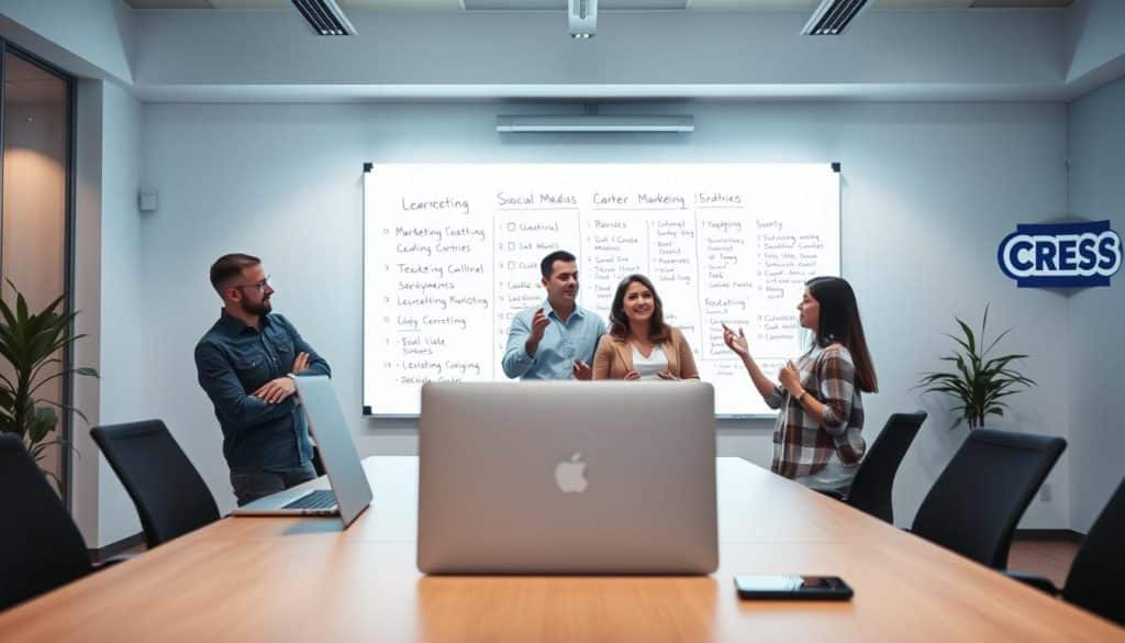 A modern office setting with a sleek, minimalist aesthetic. In the foreground, a desk with a laptop and smartphone, representing the tools of digital marketing. Behind it, a large whiteboard filled with written goals and metrics, illuminated by bright, directional lighting. In the middle ground, a team of professionals collaborating, gesturing towards the whiteboard, their expressions focused and determined. In the background, the CRES brand logo prominently displayed on the wall, framing the scene. The overall mood is one of productivity, strategy, and a clear sense of purpose in achieving social media marketing objectives.