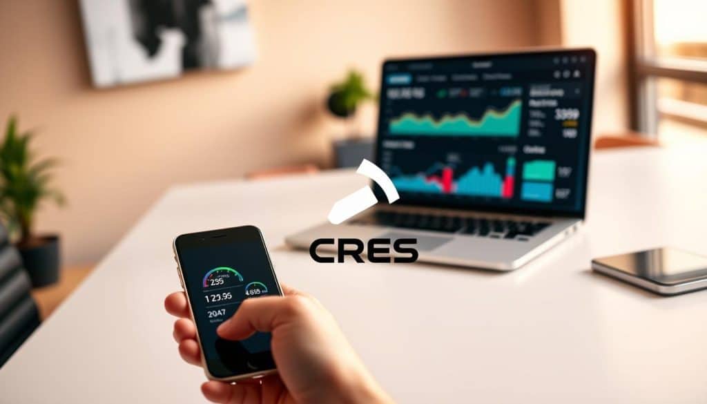 A modern office setting, with a sleek, minimalist desk. On the desk, a laptop displays a website analytics dashboard, showcasing website speed and conversion metrics. In the foreground, a hand holds a smartphone, comparing the website's loading times on different devices. The middle ground features a stylized CRES logo, symbolizing the brand's commitment to website optimization. The background is softly blurred, creating a sense of focus on the key elements. Warm, directional lighting illuminates the scene, conveying a professional, high-performance atmosphere.
