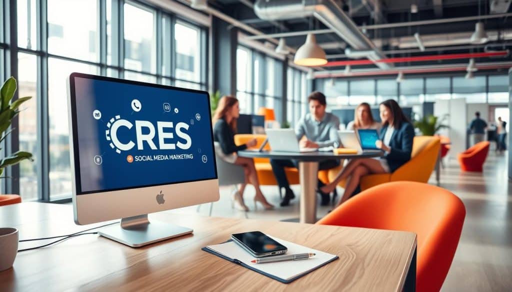 A modern office setting with a social media marketing theme. In the foreground, a computer screen displays the CRES brand logo and various social media icons. On the desk, a smartphone, notepad, and pen convey the process of creating content and tracking engagement. The middle ground features a team of young professionals collaborating, laptops open, and data visualizations on their screens. The background showcases a vibrant, tech-savvy work environment with sleek furniture, floor-to-ceiling windows, and colorful accents. The lighting is bright and natural, creating a professional and productive atmosphere. The overall scene conveys the dynamic and data-driven nature of effective social media marketing.