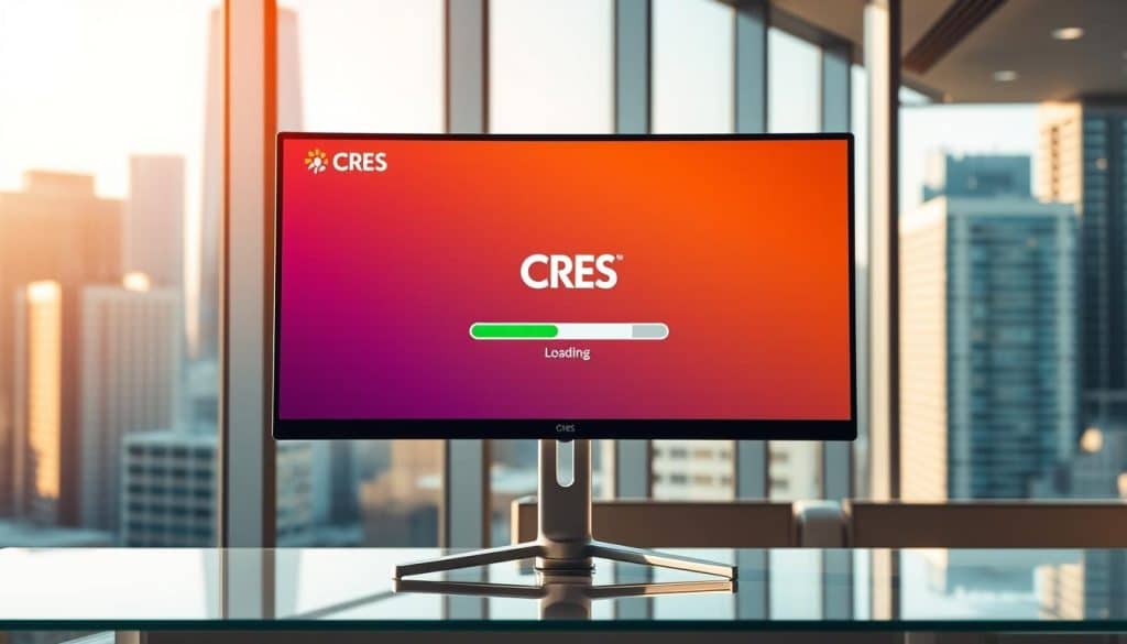 A modern office workspace with a large CRES branded computer monitor displaying a website loading progress bar. The monitor is placed on a minimalist desk, with a sleek metal frame and a glass top. The background features a blurred cityscape with skyscrapers, hinting at a bustling urban environment. Warm, natural lighting filters through the windows, creating a serene and professional atmosphere. The overall composition emphasizes the importance of website speed and performance for business success.