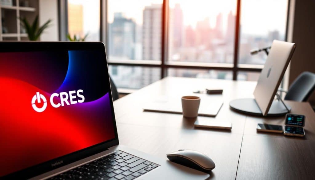 A modern office workspace with a sleek, minimalist design. In the foreground, a laptop screen displays the CRES logo and a web page speed optimization graph, with vibrant colors and clean lines. In the middle ground, a desk with a wireless mouse, a cup of coffee, and a smartphone displaying website metrics. The background features large windows overlooking a cityscape, with warm, natural lighting filtering in. The overall atmosphere conveys a sense of efficiency, productivity, and a focus on optimizing website performance for optimal user experience and SEO.