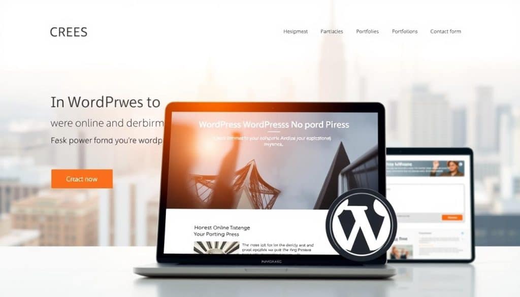 A modern, responsive WordPress website with a clean, minimalist design. The foreground features the CRES logo prominently displayed, with a minimalist navigation menu and a hero section showcasing a captivating visual. The middle ground includes various content sections, such as articles, portfolio pieces, and a contact form, all seamlessly integrated into the layout. The background depicts a soft, blurred cityscape, suggesting a professional and sophisticated atmosphere. The lighting is natural and warm, creating a welcoming and inviting ambiance. The overall composition conveys the power and potential of WordPress, highlighting its ability to boost online presence and deliver a polished, user-friendly web experience.