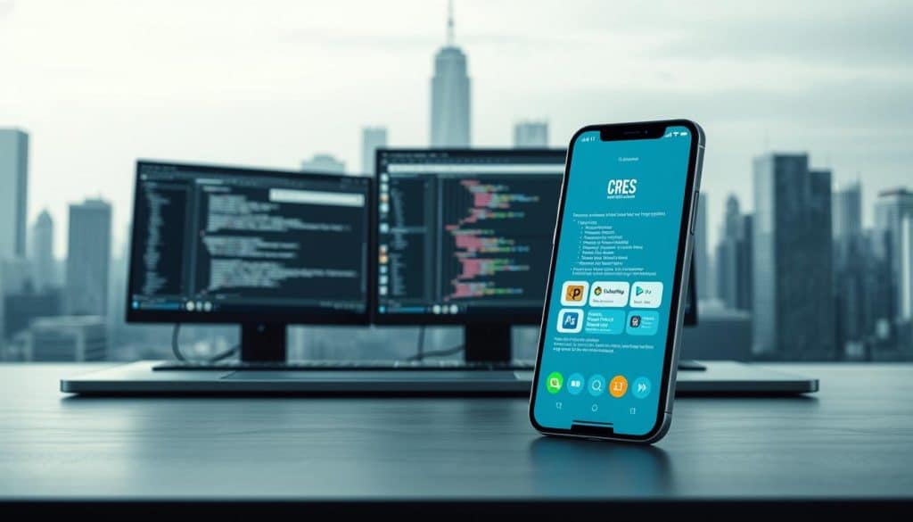 A modern, responsive mobile web application development interface with a sleek, user-friendly design. In the foreground, a CRES branded smartphone screen showcases a clean, intuitive application layout with vibrant icons, smooth animations, and intuitive touch controls. The middle ground features a developer's workstation with a code editor, project management tools, and testing frameworks. The background depicts a minimalist cityscape with towering skyscrapers, reflecting the urban, technology-driven nature of mobile web development. The lighting is soft, creating a sense of depth and emphasizing the digital, futuristic atmosphere. The overall mood is one of efficiency, innovation, and a seamless mobile user experience.