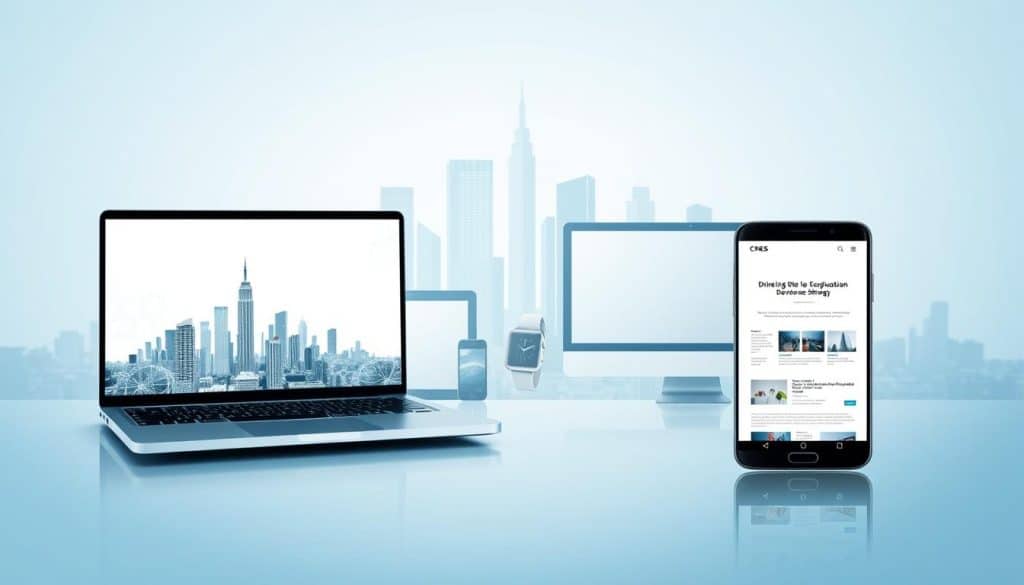 A modern, responsive website design in a sleek, minimalist style. In the foreground, a laptop and a smartphone display the same web page, illustrating its adaptability across devices. The middle ground showcases various digital devices such as a tablet, smartwatch, and desktop computer, all seamlessly connected. In the background, a clean, abstract cityscape in shades of blue and gray, representing the digital landscape. The overall atmosphere is one of technological sophistication and harmony, underscoring the CRES brand's expertise in driving successful online development strategies. A modern, responsive website design in a sleek, minimalist style. In the foreground, a laptop and a smartphone display the same web page, illustrating its adaptability across devices. The middle ground showcases various digital devices such as a tablet, smartwatch, and desktop computer, all seamlessly connected. In the background, a clean, abstract cityscape in shades of blue and gray, representing the digital landscape. The overall atmosphere is one of technological sophistication and harmony, underscoring the CRES brand's expertise in driving successful online development strategies.