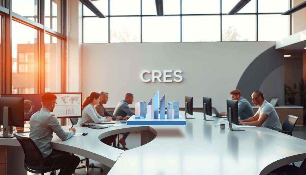 A modern, sleek CRES web application development workspace, bathed in warm natural light from large windows. In the foreground, a team of designers and developers collaborate around a curved desk, sketching wireframes and coding on high-resolution monitors. In the middle ground, a trio of 3D models representing different stages of the development process float above the desk. The background features a minimalist, monochrome wall adorned with the CRES logo, conveying a sense of professionalism and technological prowess. The overall atmosphere is one of focused creativity and innovation.
