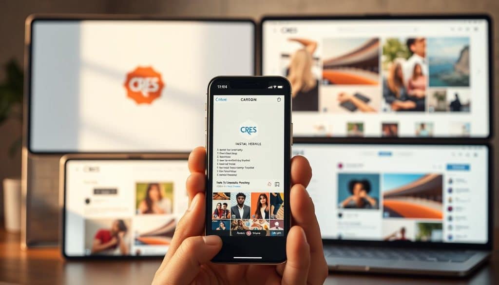 A modern, sleek brand identity for "CRES" social media presence. Crisp graphics in a minimalist style, featuring a bold, geometric logo mark and clean typography. A series of vibrant, on-brand social media posts showcased across multiple device screens, creating a cohesive visual narrative. Warm, natural lighting illuminates the carefully curated content, reflecting the brand's approachable and trustworthy personality. The mid-ground highlights a mobile device displaying the CRES Instagram profile, surrounded by a well-designed feed. The background subtly blends a soft, out-of-focus social media interface, emphasizing the brand's digital-first focus.