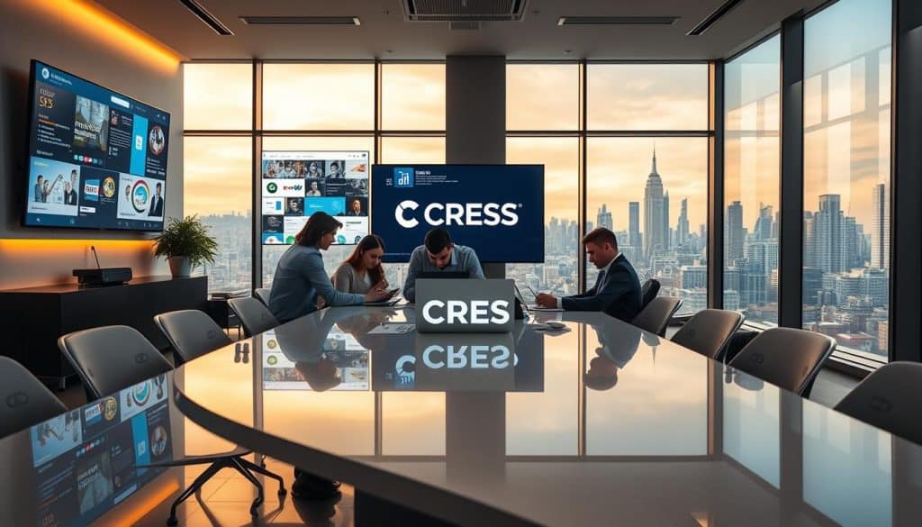 A modern, sleek digital marketing office setting. In the foreground, a team of professionals collaborating on a laptop, the CRES logo prominently displayed. Surrounding them, large screens showcase vibrant social media feeds, infographics, and multimedia content. The middle ground features a glossy, minimalist conference table with cutting-edge presentation equipment. In the background, floor-to-ceiling windows offer a panoramic city skyline, bathed in warm, professional lighting. The atmosphere exudes a sense of innovation, strategic thinking, and the power of public relations digital marketing to drive business growth.