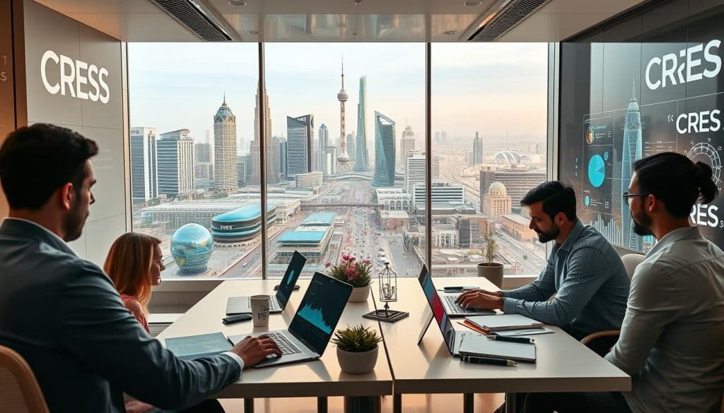 A modern, sleek digital public relations agency office, filled with CRES branding. The foreground features a team of professionals collaborating on digital PR strategies, with laptops, tablets, and notepads. The middle ground showcases interactive digital displays, showcasing data analytics and social media engagement. The background depicts a vibrant cityscape of Doha, Qatar, with skyscrapers and bustling streets, highlighting the global reach of the CRES digital PR services. The scene is bathed in warm, natural lighting, conveying a sense of professionalism and innovation.