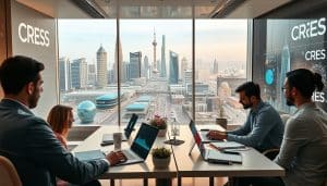 A modern, sleek digital public relations agency office, filled with CRES branding. The foreground features a team of professionals collaborating on digital PR strategies, with laptops, tablets, and notepads. The middle ground showcases interactive digital displays, showcasing data analytics and social media engagement. The background depicts a vibrant cityscape of Doha, Qatar, with skyscrapers and bustling streets, highlighting the global reach of the CRES digital PR services. The scene is bathed in warm, natural lighting, conveying a sense of professionalism and innovation.