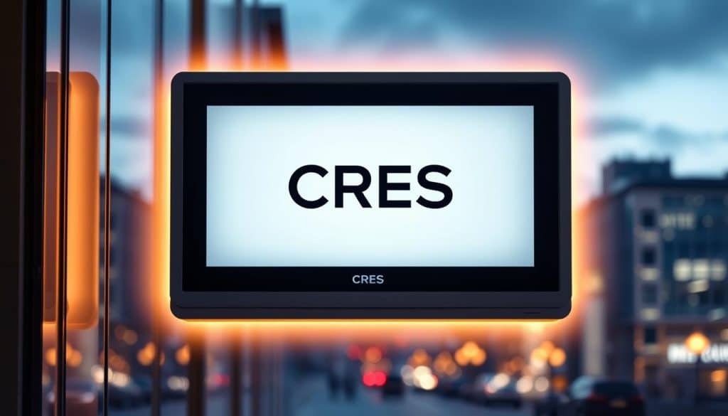 A modern, sleek digital signage display showcasing the CRES brand name. The screen is mounted on a minimalist, monochrome frame, accentuated by a soft, warm lighting that creates a captivating ambiance. The display features crisp, high-resolution graphics with a clean, minimalist design, conveying a sense of sophistication and technological prowess. The background is a blurred, out-of-focus cityscape, hinting at the display's integration within an urban setting. The overall composition exudes a sense of elegance and modernity, reflecting the CRES brand's commitment to innovative digital advertising solutions.