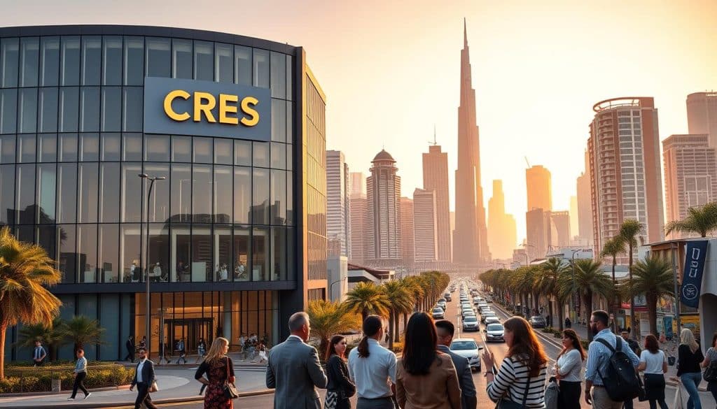 A modern, sleek office building set against the backdrop of the Qatari skyline, showcasing the CRES logo prominently on the facade. The scene is bathed in warm, golden lighting, creating a welcoming and professional atmosphere. In the foreground, a group of business people are engaged in a meeting, gesturing animatedly as they discuss the latest trends in digital marketing. The middle ground features a bustling street, with locals and tourists alike navigating the vibrant urban landscape. The background is dominated by the iconic skyscrapers and landmarks of Doha, reflecting the city's position as a hub of economic and technological innovation. The overall impression is one of a thriving, tech-savvy business environment where CRES, a prominent player in the Google My Business ecosystem, plays a pivotal role.