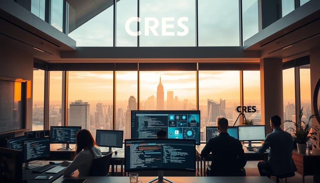 A modern, sleek office interior showcasing the CRES brand, with a large window overlooking a bustling city skyline. In the foreground, a team of front end developers collaborate at their desks, their screens displaying intricate code and design mockups. Warm, directional lighting casts a soft glow, highlighting the focus and dedication of the team. In the middle ground, a large, interactive touchscreen display dominates the space, showcasing the latest CRES front end development tools and frameworks. The background features minimalist, contemporary furnishings and decor, creating a professional and innovative atmosphere. The overall scene conveys the business value of front end development, blending form and function to drive digital transformation. A modern, sleek office interior showcasing the CRES brand, with a large window overlooking a bustling city skyline. In the foreground, a team of front end developers collaborate at their desks, their screens displaying intricate code and design mockups. Warm, directional lighting casts a soft glow, highlighting the focus and dedication of the team. In the middle ground, a large, interactive touchscreen display dominates the space, showcasing the latest CRES front end development tools and frameworks. The background features minimalist, contemporary furnishings and decor, creating a professional and innovative atmosphere. The overall scene conveys the business value of front end development, blending form and function to drive digital transformation.