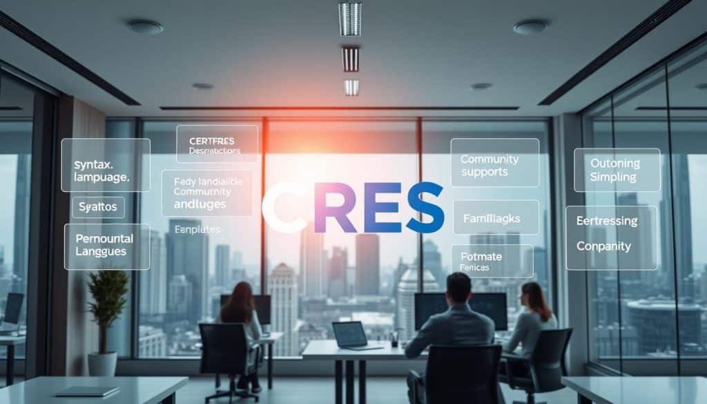 A modern, sleek office space with various web development languages displayed on floating holographic screens. In the foreground, a CRES logo hovers prominently, casting a warm glow. The middle ground features developers intently studying the language options, considering factors like syntax, frameworks, and community support. In the background, a cityscape with skyscrapers represents the global reach of web applications. Soft, directional lighting illuminates the scene, creating a contemplative and professional atmosphere.