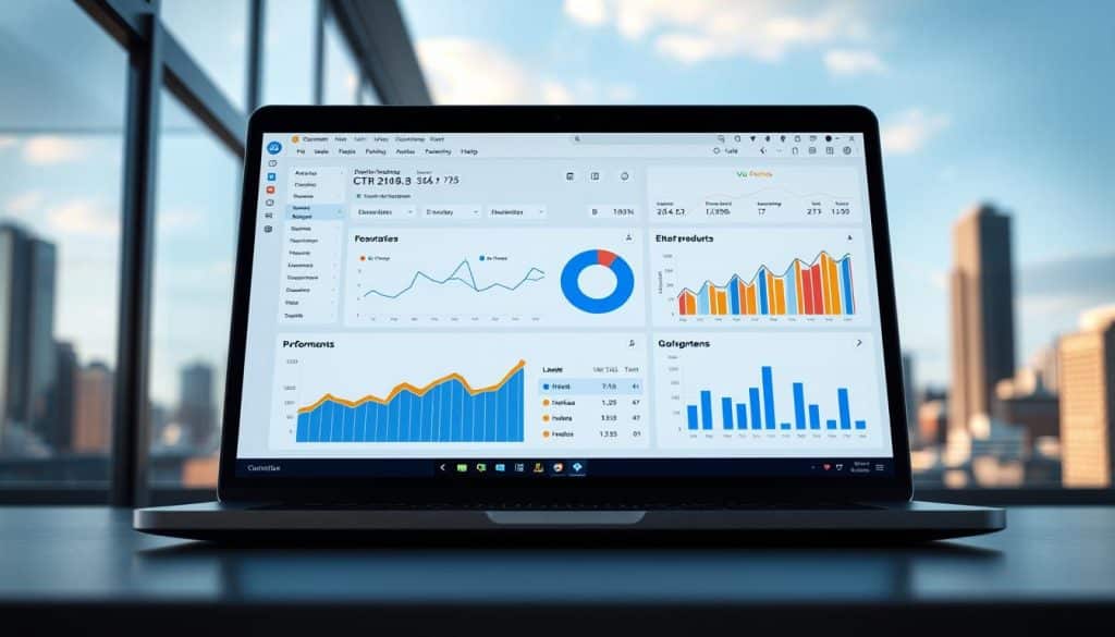 A modern, sleek performance report interface showcasing CTR improvement data. In the foreground, a CRES dashboard with prominent graphs, charts, and analytics visualizations. The middle ground features a laptop displaying the report, set against a subtle urban backdrop of cityscape and sky. Lighting is bright and crisp, with a professional, high-tech atmosphere. The angles are clean, with a slight perspective to draw the eye towards the central report display. The overall mood is one of data-driven optimization and impactful insights.