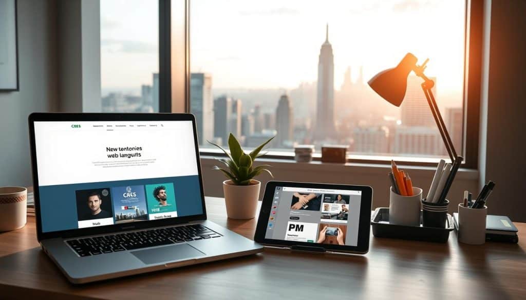 A modern, sleek web development workspace with the CRES brand prominently displayed. In the foreground, a laptop showcases a minimalist web design interface. Beside it, a tablet displaying responsive mobile layouts. The middle ground features a potted plant, a stylish desk lamp, and neatly organized office supplies. In the background, a large window overlooking a bustling city skyline, bathed in warm, natural lighting. The overall atmosphere conveys a sense of productivity, innovation, and attention to detail, reflecting the expertise of the basic web developers.