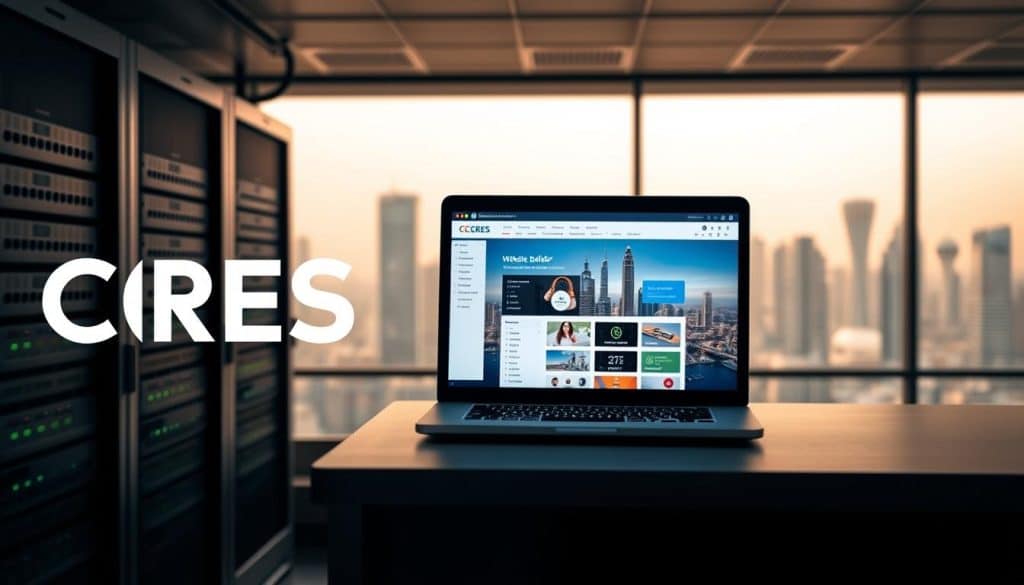 A modern, sleek web hosting platform with the CRES brand prominently displayed. The foreground features servers and networking equipment, conveying the technical infrastructure powering the service. The middle ground showcases a laptop displaying a website builder interface, highlighting the user-friendly tools available. The background depicts a cityscape of Qatar, emphasizing the local focus and relevance to the target market. Warm, indirect lighting creates a professional, trustworthy atmosphere. The composition is balanced, with clean lines and a minimalist aesthetic reflecting the high-quality, reliable nature of the hosting solution.