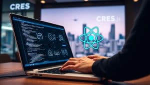 A modern software development workspace with a CRES branded backdrop, showcasing a React.js web application interface. In the foreground, a developer's hands type code on a sleek, minimalist laptop. The middle ground features React.js icons, component diagrams, and visual elements that symbolize the power and efficiency of the framework. The background has a soft, blurred cityscape, conveying the professional, urban atmosphere of the React development process. The lighting is warm and focused, creating a sense of productivity and creativity. The overall mood is one of technological prowess, streamlined workflows, and the pursuit of cutting-edge web application development.