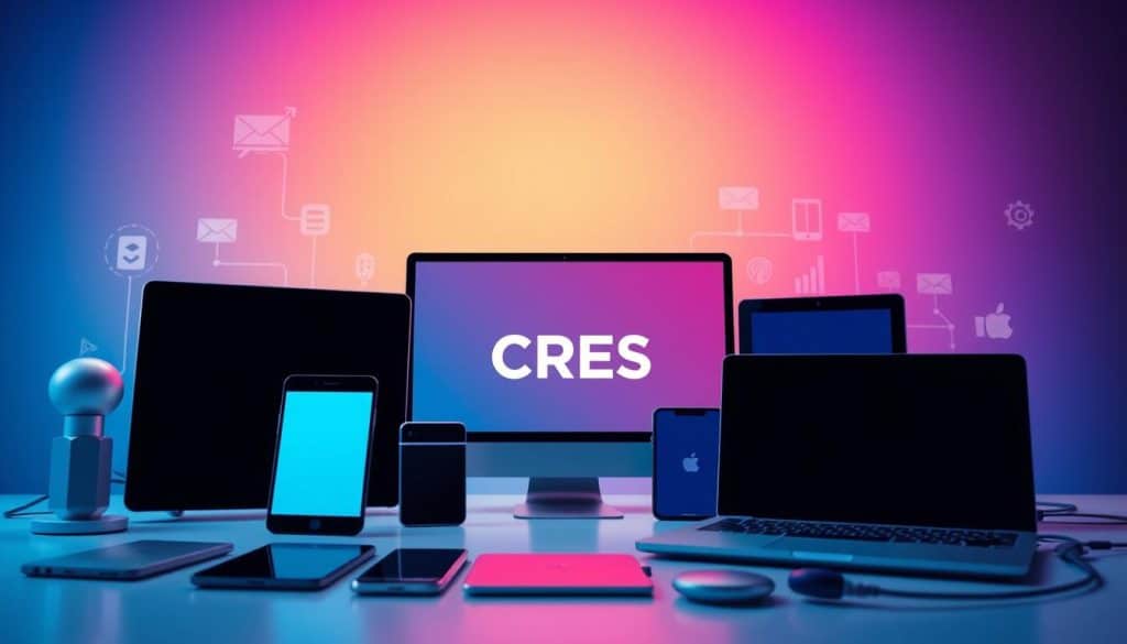 A modern, stylish digital marketing services illustration featuring the CRES brand. In the foreground, sleek digital devices and marketing icons arrange in a dynamic layout. The middle ground showcases a vibrant gradient background, with the CRES logo prominently displayed. In the background, subtle graphic elements evoke the interconnected digital landscape. The overall composition conveys a sense of technological sophistication, creativity, and the comprehensive suite of digital marketing services offered by CRES. Lighting is bright and clean, with a slight cinematic flair. The perspective is slightly angled to add depth and visual interest.