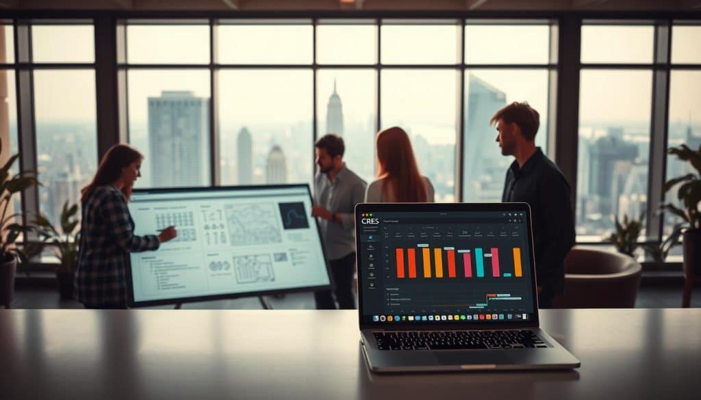 A modern, stylish web application planning scene. In the foreground, a team of designers and developers collaborate around a large touchscreen display, sketching wireframes and discussing user flows. In the middle ground, a sleek CRES laptop displays a Gantt chart and project management software. The background features a panoramic view of a bustling city skyline, with floor-to-ceiling windows bathing the room in warm, natural light. Soft, muted colors create a professional, focused atmosphere. The overall composition conveys a sense of purposeful, strategic web application development.