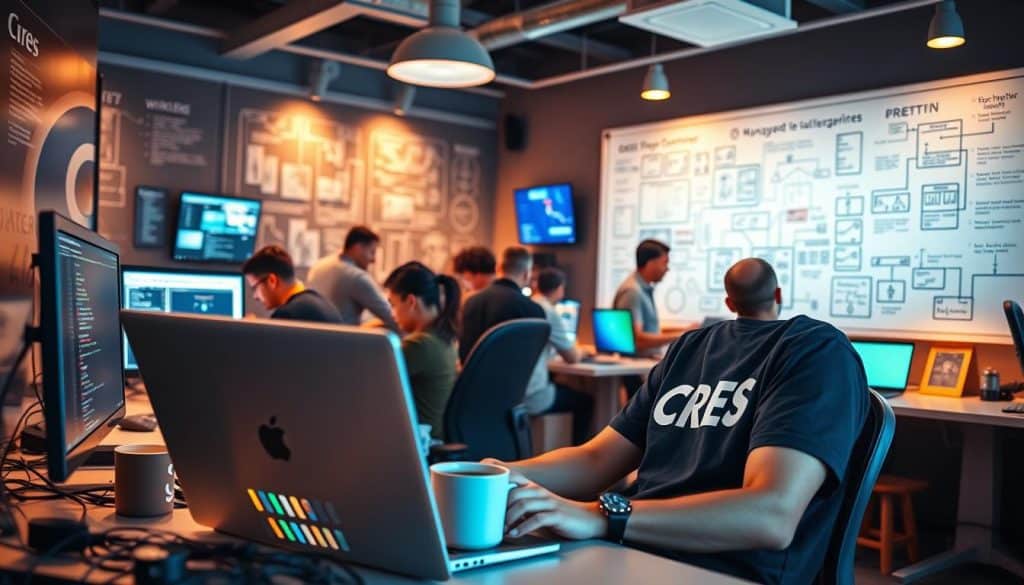 A modern tech office, filled with glowing screens and complex diagrams. In the foreground, a developer in a CRES t-shirt intently types code on a sleek laptop, surrounded by cables and coffee mugs. The middle ground showcases a team of developers collaborating, some focused on back-end tasks like databases and server infrastructure, others working on front-end design and user experience. The background features a large whiteboard covered in wireframes, schematics, and project management notes, illuminated by warm, diffused lighting. The overall scene conveys a sense of technical mastery, creative problem-solving, and the seamless integration of front-end and back-end development.